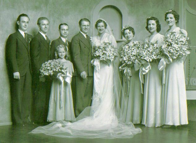 Wedding of Ruth Peters and Nick Kausch including Loretta (Peters) & Al Reiser, Delores (Gerlach)& Joe Lesneski, Claude Gerlach, and a young Kausch relative.  I don't know the 3rd bridesmaid. 